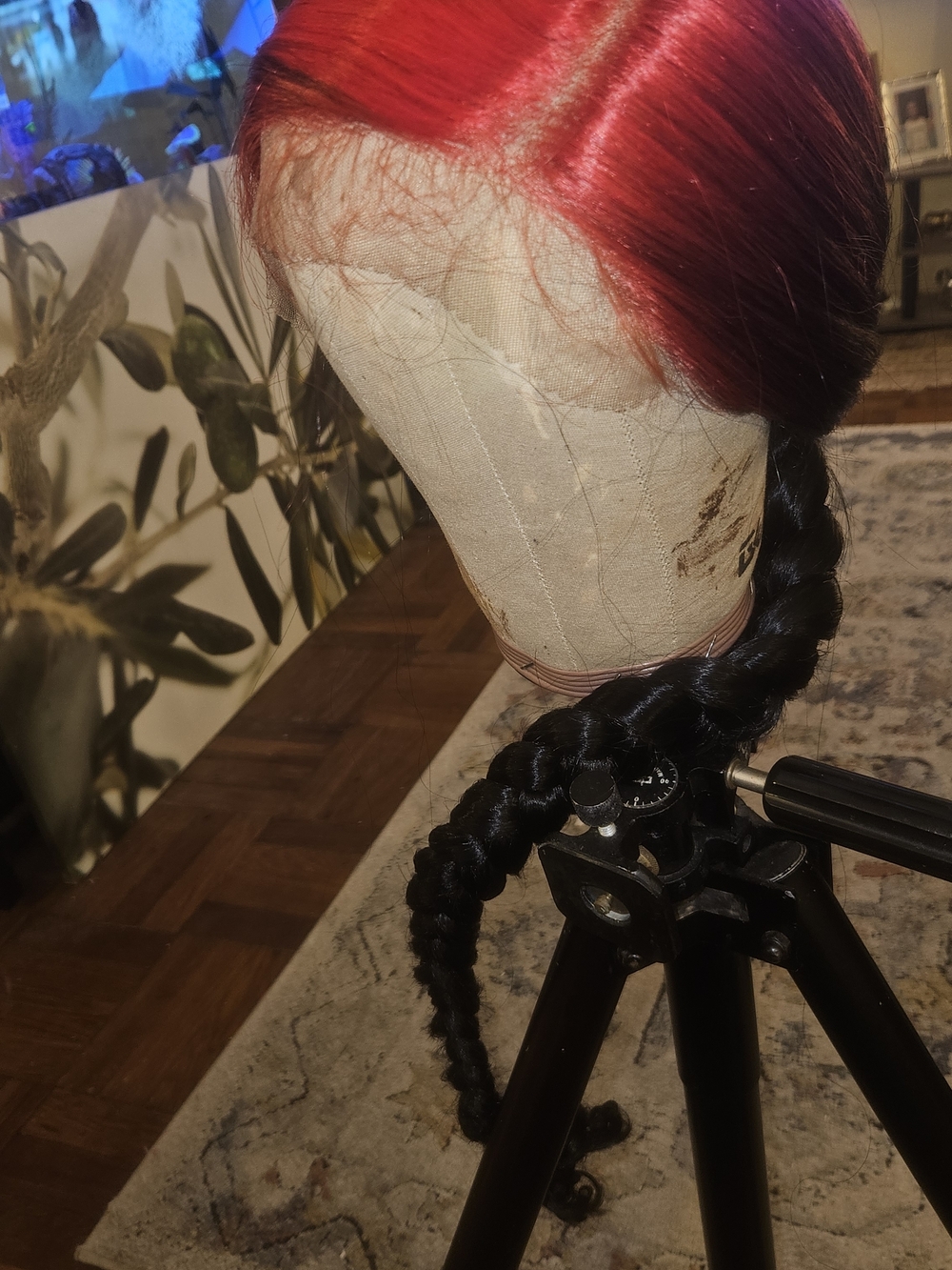 Two-Tone Red and Black Lace Front Wig with Long Braided Tail